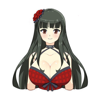 1girl bare_shoulders black_hair blush body_blush breasts cleavage collarbone commentary english_commentary flower hair_flower hair_ornament halterneck hime_cut kometoze large_breasts long_hair looking_at_viewer parted_lips plaid_clothes plaid_shirt red_eyes red_flower red_rose red_shirt rose senran_kagura senran_kagura_new_wave shirt simple_background smile solo studded_choker teeth tsubaki_(senran_kagura) upper_body white_background