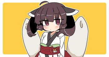 1girl ahoge blunt_bangs blush border brown_eyes brown_hair closed_mouth headgear ini_(inunabe00) japanese_clothes kimono kiritanpo_(food) long_sleeves looking_at_viewer medium_hair obi obijime outline outside_border red_sash sash simple_background solo touhoku_kiritan upper_body voiceroid white_border white_kimono white_outline yellow_background