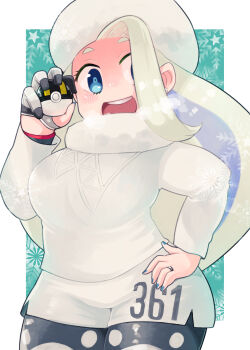Rule 34 | 1girl, blue eyes, breasts, commentary request, earrings, fur collar, fur hat, hand on own hip, hand up, hat, highres, holding, holding poke ball, ino (tellu0120), jewelry, large breasts, long sleeves, mature female, melony (pokemon), multicolored hair, nintendo, open mouth, pantyhose, pantyhose under shorts, pearl earrings, plump, poke ball, pokemon, pokemon swsh, ring, shorts, side slit, side slit shorts, smile, solo, streaked hair, sweater, ultra ball, ushanka, wedding ring, white hat, white sweater
