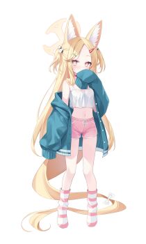 1girl absurdly_long_hair alternate_costume alternate_hairstyle animal_ears blonde_hair blue_archive blue_jacket blush bow breasts camisole choker covering_own_mouth cropped_shirt cross_halo dolphin_shorts dot_nose forehead fox_ears fox_girl fox_tail full_body gradient_eyes hair_bobbles hair_ornament hair_over_shoulder hairclip halo hand_up highres jacket loli long_hair looking_at_viewer multicolored_eyes navel off_shoulder open_clothes open_jacket parted_bangs pink_eyes pink_shorts rangtori red_choker seia_(blue_archive) shirt shorts simple_background single_bare_shoulder sleeves_past_fingers sleeves_past_wrists small_breasts socks solo standing striped_clothes striped_socks tail tail_bow tail_ornament two_side_up very_long_hair very_long_tail white_background white_bow white_shirt