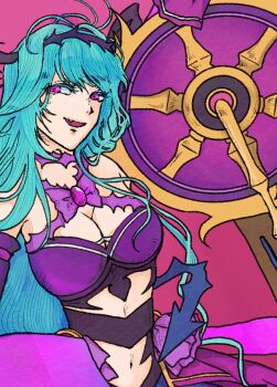 Rule 34 | 1girl, asagi blue33, big breasts, black hairband, blue hair, breasts, cannon, chaos aurora (grimms notes), close-up, grimms notes, hairband, holding, holding cannon, holding weapon, kneeling, large breasts, light blue hair, long hair, midriff, navel, open mouth, smile, solo, thorns, weapon