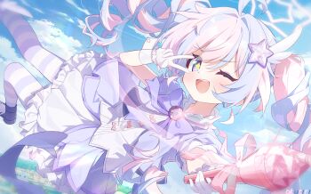 Rule 34 | 1girl, :d, absurdres, blue archive, commentary, drill hair, exusiai dust, gloves, hair ornament, highres, holding, looking at viewer, multicolored hair, official alternate costume, one eye closed, open mouth, pantyhose, pink hair, puffy short sleeves, puffy sleeves, purple eyes, purple hair, purple pantyhose, purple shoes, purple skirt, reisa (blue archive), reisa (magical) (blue archive), shirt, shoes, short sleeves, skirt, smile, solo, star-shaped pupils, star (symbol), star hair ornament, striped clothes, striped pantyhose, symbol-shaped pupils, teeth, twin drills, twintails, two-tone hair, upper teeth only, v, white gloves, white shirt, wing hair ornament