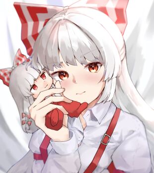 1girl blush bow closed_mouth collared_shirt fujiwara_no_mokou fumo_(doll) hair_bow highres long_hair looking_at_viewer pants preroprot red_eyes red_pants shirt simple_background solo suspenders touhou upper_body white_bow white_hair