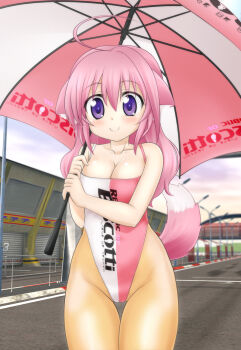 Rule 34 | 10s, 1girl, adapted costume, alternate costume, animal ears, blurry, brown pantyhose, depth of field, dog days, dog ears, dog girl, female focus, hair between eyes, highleg, highleg leotard, highres, koyomisa, legs together, leotard, millhiore f. biscotti, multicolored leotard, pantyhose, pink hair, purple eyes, race queen, see-through clothes, see-through legwear, solo, standing, tail, thighs, umbrella, wavy hair, white leotard