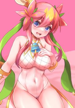 Rule 34 | 1girl, blonde hair, blue eyes, breasts, commentary request, covered navel, duel masters, elbow gloves, flower, gloves, gold trim, gradient eyes, hair flower, hair ornament, hand on own chest, high ponytail, highleg, highleg leotard, highres, leotard, long hair, looking at viewer, mesh, multicolored eyes, multicolored hair, musan (mu34mi), open mouth, pink background, pink eyes, pink hair, ponytail, rafululu love (duel masters), short ponytail, sitting, solo, teeth, white gloves, white leotard