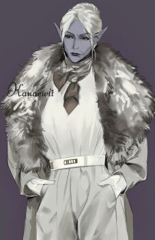 Rule 34 | 1girl, absurdres, alternate costume, artist name, baldur's gate, baldur's gate 3, belt, black lips, coat, colored skin, contemporary, cowboy shot, dark elf, dungeons & dragons, dungeons &amp; dragons, elf, fur-trimmed coat, fur trim, gloves, grey background, grey skin, hair bun, hands in pockets, highres, kanaewit, mature female, minthara, pants, pointy ears, red eyes, shirt, short hair, simple background, single hair bun, solo, standing, twitter username, white coat, white gloves, white hair, white pants, white shirt
