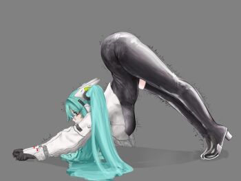 1girl absurdres aqua_eyes aqua_hair ass bare_shoulders bodysuit breasts cat_stretch fujiwarahivida goodsmile_company goodsmile_racing hatsune_miku highres large_breasts long_hair non-web_source racing_miku racing_miku_(2022) simple_background stretching vocaloid