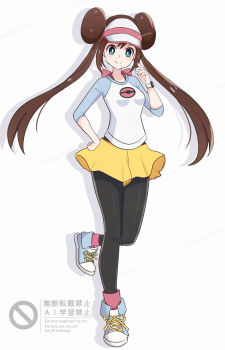 Rule 34 | 1girl, aoneko4ao (edwf7745), black pantyhose, blue eyes, blue shoes, bright pupils, brown hair, closed mouth, commentary, double bun, drop shadow, full body, hair bun, highres, leg up, long hair, nintendo, pantyhose, pink socks, pokemon, pokemon bw2, raglan sleeves, rosa (pokemon), shirt, shoes, shorts, smile, socks, solo, standing, three-quarter sleeves, twintails, visor cap, watermark, white background, white pupils, yellow shorts