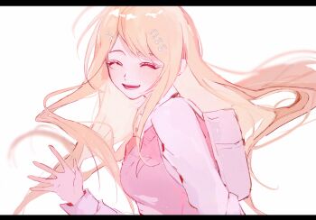 1girl ^_^ akamatsu_kaede arm_at_side backpack bag blonde_hair blush breasts chinese_commentary closed_eyes commentary_request danganronpa_(series) danganronpa_v3:_killing_harmony facing_viewer floating_hair fortissimo from_side hair_ornament hand_up highres large_breasts letterboxed long_hair long_sleeves lower_teeth_only musical_note musical_note_hair_ornament necktie open_mouth pink_sweater_vest randoseru shi_xu_jiu_zhou shirt smile solo sweater_vest swept_bangs teeth upper_body waving white_background white_bag white_shirt