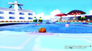 1girl 3d animated arm_support arms_up barefoot bikini blue_eyes bouncing_breasts breasts brown_hair cleavage closed_eyes cruise_ship half-closed_eyes happy highres jiggle large_breasts mario_(series) military_vehicle navel nintendo ocean one_eye_closed orange_bikini pool princess_daisy ship short_hair smile solo swimming swimsui swimsuit tagme teeth v video virtuablueam2 warship water watercraft