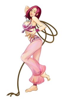 1girl ;) alternate_costume ankle_wrap arabian_clothes barefoot bindi breasts dancer female_focus glitter harem_pants jewelry large_breasts leon_(s-damianvencedor) lips nose one_eye_closed pants purple_hair ring see-through_clothes short_hair smile solo the_king_of_fighters whip whip_(kof) wrist_wrap