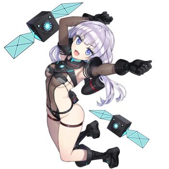 1girl :d arms_up black_gloves black_leotard black_wetsuit blue_eyes blunt_bangs boots breasts camera cleavage dolphin_wave elbow_gloves floating floating_object from_side full_body game_cg gloves highleg highres jumping leotard long_hair looking_at_viewer low_twintails midair non-web_source official_alternate_costume official_alternate_hairstyle official_art ootomo_takuji open_mouth outstretched_arms platform_boots purple_hair schnee_weissberg see-through_clothes see-through_leotard sideboob skindentation small_breasts smile solo thigh_strap transparent_background twintails