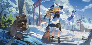 2girls apron blonde_hair blue_bow blue_dress blue_eyes blue_hair blue_shoes boots bow braid broom brown_boots cirno collared_shirt commentary deer detached_wings dress eating flying frilled_skirt frills green_eyes hair_bow hand_on_headwear hashtag-only_commentary hat hat_bow highres holding holding_broom ice ice_wings kirisame_marisa long_hair long_sleeves multiple_girls neck_ribbon outdoors pinafore_dress puffy_short_sleeves puffy_sleeves qianeyejiaorouji raccoon red_ribbon red_scarf ribbon scarf shirt shoes short_sleeves side_braid single_braid skirt sleeveless sleeveless_dress snow socks stairs torii touhou tree waist_apron white_bow white_shirt white_socks wings winter witch_hat