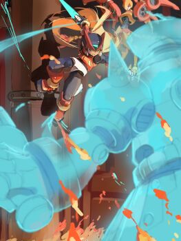 Rule 34 | 3boys, absurdres, armor, battle, black eyes, blonde hair, colonel (mega man), energy sword, fire, forehead jewel, helmet, highres, holding, holding sword, holding weapon, hologram, long hair, mega man (series), mega man zero (series), mega man zero 3, multiple boys, omochi (mochi skymega), phoenix magnion, red armor, red helmet, sword, weapon, z saber