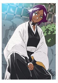 1girl bad_id bad_twitter_id black_choker bleach bleach:_turn_back_the_pendulum breasts brown_eyes bush choker dark-skinned_female dark_skin dutch_angle haori highres japanese_clothes kudou_masashi medium_breasts purple_hair shihakusho shihouin_yoruichi signature sitting smile solo taichou_haori