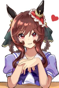 1girl animal_ears blush braid braided_hair_rings brown_hair ear_covers ear_ornament gentildonna_(umamusume) hair_between_eyes hair_ornament hair_rings heart-shaped_ornament heart_ear_ornament highres horse_ears horse_girl looking_at_viewer purple_serafuku red_eyes school_uniform serafuku simple_background single_ear_cover smile solo sui_sui0510 tracen_school_uniform umamusume white_background