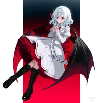 Rule 34 | 1girl, absurdres, back bow, bat wings, black background, black boots, blue eyes, boots, bow, commentary, corset, dress, full body, gradient background, highres, interlocked fingers, juliet sleeves, lace-up boots, long sleeves, looking at viewer, medium hair, own hands together, puffy sleeves, purple background, pyonsuke (pyon2 mfg), red bow, red eyes, red nails, remilia scarlet, solo, touhou, untranslatable commentary, white corset, white dress, wings
