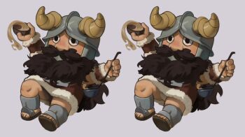 1boy beard bulge_peek chibi dungeon_meshi dwarf facial_hair fake_horns full_body helmet highres holding holding_ladle horned_helmet horns ladle long_beard looking_ahead male_focus merchandise_available multiple_views mustache nat_(sketchface) pouring senshi_(dungeon_meshi) shadow_censor thick_mustache very_long_beard