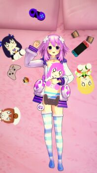 3d d-pad d-pad_hair_ornament feet flat_chest hair_ornament highres indoors nepgear neptune_(neptunia) neptune_(series) nintendo_switch no_shoes open_mouth panties parka playstation_controller purple_eyes purple_hair short_hair simple_background striped_clothes striped_legwear striped_panties toes underwear vert_(neptunia) xbox_controller