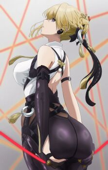 1girl asymmetrical_gloves backless_shirt black_bow black_gloves blonde_hair bow braid braided_bun butterfly_hair_ornament chest_harness claw_ring collared_shirt commentary_request elbow_gloves evelyn_chevalier floating_clothes floating_hair from_behind gloves gradient_background grey_background hair_bow hair_bun hair_ornament hands_on_own_ass harness highres looking_back necktie parted_lips partially_fingerless_gloves purple_eyes shirt short_hair single_elbow_glove sleeveless sleeveless_shirt solo string string_of_fate syougun1106 tassel uneven_gloves white_shirt yellow_necktie zenless_zone_zero