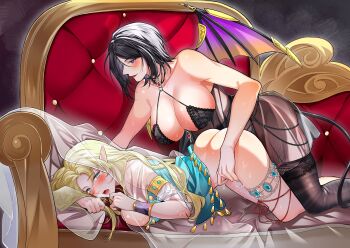 2girls absurdres aqua_eyes black_dress black_hair black_thighhighs blonde_hair blue_dress blue_eyes blush breasts closed_mouth commentary_request couch demon_girl demon_tail demon_wings dress elf fingering garter_straps highres large_breasts multiple_girls on_couch original pointy_ears pussy_juice reach-around red_lips shenxun smile tail thigh_strap thighhighs top-down_bottom-up wings yuri
