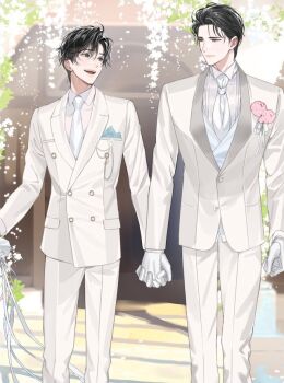 Rule 34 | 2boys, ahoge, alternate costume, alternate hair length, alternate hairstyle, alternate universe, black eyes, black hair, closed mouth, collared shirt, contemporary, couple, day, feet out of frame, flower, formal clothes, gearous, gloves, grey eyes, height difference, holding hands, husband and husband, jacket, lan wangji, leaf, long sleeves, looking at another, male focus, modao zushi, multiple boys, necktie, official art, open mouth, outdoors, pants, pink flower, pink shirt, shirt, short hair, smile, standing, suit, third-party source, walking, wei wuxian, white gloves, white jacket, white necktie, white pants, white shirt, white suit, yaoi, yellow eyes