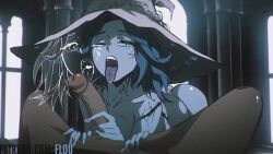 1boy 1girl animated blue_eyes blue_hair blue_skin colored_skin cum cum_in_mouth dark-skinned_male dark_skin elden_ring fellatio flou_(flou_art) hat hetero interior looking_at_viewer one_eye_closed open_mouth oral panties penis_on_tongue pov ranni_the_witch saliva saliva_trail slapping_with_penis sound tagme tongue tongue_out uncensored underwear video witch_hat