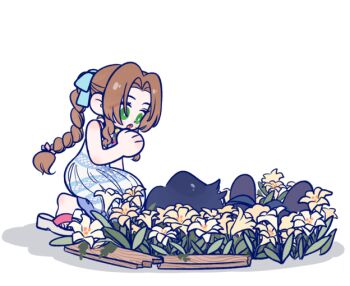 Rule 34 | 105zz, 1boy, 1girl, aerith gainsborough, bare arms, bare shoulders, black boots, black hair, blue pants, blue ribbon, boots, braid, braided ponytail, brown hair, chibi, chibi only, crisis core: final fantasy vii, dress, final fantasy, final fantasy vii, flower, flower bed, green eyes, hair ribbon, hand to own mouth, lily (flower), long dress, long hair, looking at another, open mouth, pants, parted bangs, ribbon, sandals, short hair, sidelocks, single braid, sleeveless, sleeveless dress, striped clothes, striped dress, sundress, unconscious, wedge heels, white background, yellow flower, zack fair