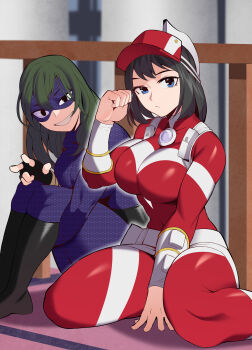 2girls absurdres arm_between_legs black_eyes black_hair blue_eyes blurry blurry_background bodysuit boku_no_hero_academia boots breasts closed_mouth dark_green_hair domino_mask expressionless eye_mask eyebrows_visible_through_mask green_hair grin half-closed_eye hand_up highres impossible_bodysuit impossible_clothes indoors knees_up kodai_yui kopam large_breasts leaning_forward long_sleeves looking_at_viewer mask medium_hair multiple_girls sitting skin_tight smile tokage_setsuna v visor_cap