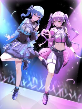 2girls ankle_boots asymmetrical_clothes belt black_boots black_pants black_shirt black_skirt blue_eyes blue_hair blue_light blue_overskirt blue_ribbon blue_skirt boots breasts center-flap_bangs center_frills collared_shirt color-coded color_coordination colored_inner_hair commentary cropped_shirt dancing detached_sleeves double-parted_bangs ear_piercing eye_contact frills full_body glowstick green_eyes hair_between_eyes hair_ribbon heart heart_hands heart_hands_duo highres hololive hololive_idol_uniform_(color_rise) hoshimachi_suisei idol idol_clothes leotard leotard_under_clothes long_hair looking_at_another medium_hair midriff miniskirt multicolored_hair multicolored_shirt multiple_girls nanase_nayumu navel navel_peek official_alternate_costume overskirt pants piercing pink_hair platform_boots platform_heels puffy_detached_sleeves puffy_sleeves purple_hair purple_light purple_overskirt purple_shirt ribbon see-through_clothes see-through_leotard see-through_midriff shirt side_ponytail single_detached_sleeve single_pantsleg single_sleeve skirt small_breasts spotlight stage standing standing_on_one_leg star_(symbol) star_in_eye streaked_hair symbol-only_commentary symbol_in_eye thigh_strap tokoyami_towa twintails virtual_youtuber white_shirt