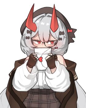 1girl ? bare_shoulders beret blush brown_cape brown_gloves brown_skirt cape collared_shirt covering_own_mouth detached_sleeves double-parted_bangs fingerless_gloves gloves grey_hair hair_between_eyes hair_intakes hair_ornament hair_ribbon hat heart high-waist_skirt highres holding holding_letter horns huge_sleeves kim_aendeo letter long_sleeves looking_at_viewer looking_to_the_side love_letter medium_hair oni open_clothes original plaid_clothes plaid_skirt red_eyes red_horns ribbon shirt simple_background skirt solo tsurime upper_body white_background white_shirt