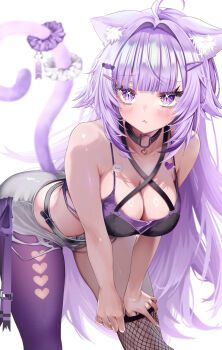 1girl ahoge animal_ear_fluff animal_ears asymmetrical_legwear black_jacket breasts cat_ears cat_girl cat_tail cleavage closed_mouth collarbone commentary_request crop_top feet_out_of_frame fingernails fishnet_pantyhose fishnet_thighhighs fishnets highres hololive iam_ciikawa jacket large_breasts long_hair looking_at_viewer mismatched_legwear navel nekomata_okayu nekomata_okayu_(gyaru) official_alternate_costume official_alternate_hair_length official_alternate_hairstyle pantyhose pout purple_eyes purple_hair purple_pantyhose purple_scrunchie scrunchie short_shorts shorts single_leg_pantyhose single_thighhigh solo stomach tail thighhighs torn_clothes torn_shorts two-sided_fabric two-sided_jacket uneven_legwear very_long_hair virtual_youtuber white_scrunchie white_shorts