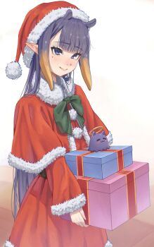 Rule 34 | 1girl, absurdres, alternate costume, blunt bangs, box, capelet, center-flap bangs, closed mouth, commentary, dress, english commentary, fur-trimmed capelet, fur-trimmed dress, fur-trimmed headwear, fur trim, gift, gift box, gradient hair, hat, highres, holding, holding gift, hololive, hololive english, long hair, looking at viewer, mole, mole under eye, multicolored hair, ninomae ina'nis, orange hair, pointy ears, pom pom hat ornament, purple hair, red capelet, red dress, samukzz, santa costume, santa dress, santa hat, sidelocks, smile, solo, straight hair, takodachi (ninomae ina'nis), tentacle hair, very long hair, virtual youtuber