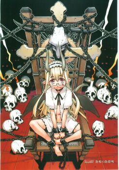 1girl artist_name bad_link bat_wings blonde_hair candle chain chained_legs chained_wrists crossed_legs demon demon_girl demon_tail demon_wings dress functionally_nude glasses hands_between_legs highres horns licking_lips loli looking_at_viewer navel original pointy_ears red_eyes scan sitting skull source_request tail tamori_tadaji tongue tongue_out white_dress wings
