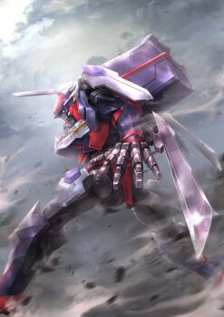 arm_blade cloud code_geass code_geass:_dakkan_no_roze deadspike_nine debris dust_cloud fighting_stance from_side highres knightmare_frame mecha mecha_focus no_humans overcast robot sky standing weapon zi-apollo_(code_geass)