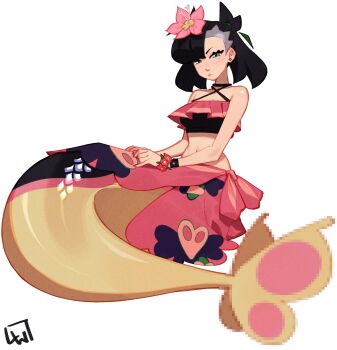 Rule 34 | 1girl, absurdres, asymmetrical bangs, bare shoulders, bikini, black hair, blush, bracelet, breasts, closed mouth, collarbone, criss-cross halter, flower, flower bracelet, green eyes, green ribbon, hair flower, hair ornament, hair ribbon, halterneck, hibiscus, highres, jewelry, l4wless, looking at viewer, marnie (pokemon), marnie (summer 2021) (pokemon), medium breasts, mermaid, midriff, monster girl, navel, nintendo, official alternate costume, pink sarong, pokemon, pokemon masters ex, red sarong, ribbon, sarong, simple background, swimsuit, tail, twintails, white background