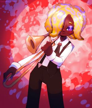Rule 34 | 1girl, animeloverclo, black necktie, black pants, cowboy shot, dark-skinned female, dark skin, eyeshadow, hair over one eye, highres, holding, holding instrument, holding trombone, instrument, makeup, necktie, nintendo, orange hair, pants, patterned hair, purple eyes, red background, shirt, shirt tucked in, smile, solo, splatoon (series), splatoon 3, suspenders, tao blu, tentacle hair, trombone, white shirt
