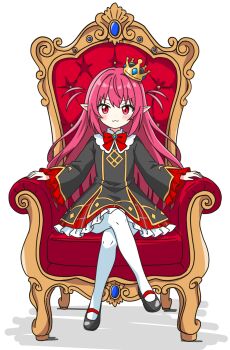 1girl :3 black_coat black_shoes blush bow bowtie closed_mouth coat commentary_request crown dot_nose frilled_skirt frilled_sleeves frills full_body highres kotatsu-mazoku long_hair long_sleeves looking_at_viewer original pantyhose piane_(kotatsu-mazoku) plaid_clothes plaid_skirt pointy_ears red_bow red_bowtie red_eyes red_hair red_skirt shoes sidelocks simple_background sitting skirt solo throne two_side_up white_background white_pantyhose wide_sleeves