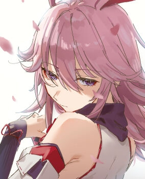 1girl absurdres animal_ears commentary_request detached_sleeves falling_petals fox_ears fox_girl highres honkai_(series) honkai_impact_3rd long_hair petals pink_hair pink_petals purple_eyes ramao24 shirt simple_background solo white_background white_shirt yae_sakura