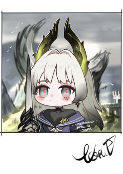 Rule 34 | 1girl, absurdres, arknights, artist name, black shirt, blue sailor collar, blue shirt, blurry, blurry background, blush, character request, chibi, closed mouth, cloud, cloudy sky, commentary request, covered collarbone, depth of field, english text, grey eyes, grey hair, hair intakes, highres, long hair, off shoulder, outdoors, sailor collar, shirt, signature, sky, solo, upper body, von.franken