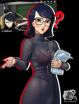 1girl ? artist_logo belt black-framed_eyewear black_background black_belt black_dress blue_hair bra brown_eyes commentary dress english_commentary game_screenshot_inset glasses hair_ornament hairclip highres holding holding_paper jewelry katayama_kumi logo necklace open_mouth paper persona persona_5 persona_5:_the_phantom_x razillon red_bra screenshot_inset see-through_clothes see-through_dress solo underwear watermark web_address