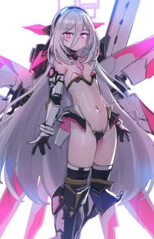 Rule 34 | aris (armed) (blue archive), aris (blue archive), armor, armored boots, bikini armor, black hairband, blue archive, boots, bow (bhp), commentary, gauntlets, hair between eyes, hairband, halo, highres, kei (blue archive), kei (new body) (blue archive), long hair between eyes, mecha musume, mechanical legs, mechanical wings, navel, pink halo, railgun, rectangular halo, ringed eyes, thrusters, weapon, white hair, wings