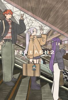 1boy 2girls bag black_boots black_jacket black_roots black_shoes black_shorts blunt_bangs boots brown_coat butterfly_hair_ornament character_charm character_name charm_(object) closed_mouth coat commentary_request copyright_name earrings elf escalator fern_(sousou_no_frieren) frieren full_body grey_hair grey_pants hair_between_eyes hair_ornament hairclip hand_on_own_hip highres himmel_(sousou_no_frieren) holding holding_bag jacket jewelry long_hair multiple_girls pants parted_bangs plaid_clothes plaid_shirt pointy_ears puffy_coat purple_hair red_hair red_shirt shirt shoes short_hair shorts sidelocks smile sousou_no_frieren standing stark_(sousou_no_frieren) suitcase takeuchi_ryousuke twintails v white_pants