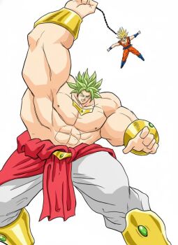 abs armlet blonde_hair bracelet broly_(dragon_ball_z) chain comic_panel_redraw curi derivative_work dragonball_z fighting_stance green_eyes holding holding_chain jewelry legendary_super_saiyan muscular muscular_male necklace pectorals simple_background son_goku super_saiyan topless_male white_background