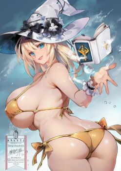 1girl ass bikini blonde_hair book breasts butt_crack cleavage commentary_request commission covered_erect_nipples floating floating_book floating_object from_behind gold_bikini hat highres huge_breasts long_hair looking_at_viewer looking_back original scrunchie side-tie_bikini_bottom skeb_commission skindentation solo swimsuit takayama_dan underboob white_hat witch witch_hat wrist_scrunchie