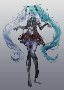 1girl absurdres arm_tattoo bandages black_boots black_dress blood bloody_bandages blue_eyes blue_hair blue_tongue boots colored_skin colored_tongue commentary_request dress frilled_dress frills full_body gloves goth_fashion gradient_background grey_background grey_necktie grey_skin hair_ornament hatsune_miku heterochromia highres horror_(theme) jewelry kinoshita_aki layered_dress messy_hair multicolored_hair necktie open_mouth outstretched_arms red_eyes silver_thighlet simple_background sleeveless sleeveless_dress solo tattoo teeth thigh_boots thighlet tie_clip torn_boots torn_clothes torn_dress torn_gloves two-tone_hair vocaloid white_hair zombie zombie_(vocaloid) zombie_pose
