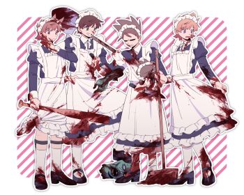 5boys :d alternate_costume antenna_hair apron baseball_bat black_dress black_shoes blank_eyes blood blood_on_clothes blood_on_face blood_on_hands bloody_knife bloody_weapon border bow bowtie broom brown_hair character_doll clenched_teeth closed_mouth collared_dress colored_skin commentary_request crossdressing crossdressing_(mtf) diagonal-striped_background doll dress edd_(eddsworld) eddsworld enmaided frilled_apron frilled_dress frills full_body green_eyes green_skin grin hair_horns hand_on_own_hip headdress high_heels highres holding holding_baseball_bat holding_broom holding_doll holding_knife holding_shovel hollow_eyes juliet_sleeves kneehighs knife legwear_garter long_dress long_sleeves looking_at_another looking_at_hand maid maid_headdress male_focus mary_janes matt_(eddsworld) mjsc_10 multiple_boys neck_ribbon open_mouth orange_hair outline outside_border pink_background puffy_sleeves purple_eyes raised_inner_eyebrows red_eyes red_ribbon reverse_grip ribbon shoes short_hair shovel simple_background skirt_hold smile socks standing striped_background teeth tom_(eddsworld) tord_(eddsworld) two-tone_background v-shaped_eyebrows very_short_hair weapon white_apron white_background white_border white_bow white_bowtie white_headdress white_outline white_socks zombie