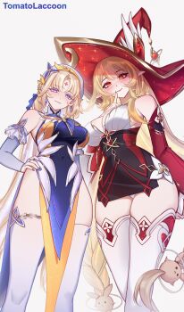 2girls alice_(genshin_impact) bare_shoulders beret blonde_hair blue_eyes blush braid breasts closed_mouth detached_sleeves dress earrings facial_mark forehead_mark frills genshin_impact hair_ribbon hand_on_own_hip hat highres jewelry large_breasts long_hair long_sleeves looking_at_viewer multicolored_dress multicolored_hair multiple_girls nicole_reeyn parted_bangs pointy_ears red_eyes red_hat ribbon simple_background sleeveless sleeveless_dress smile solo thighhighs tomatolaccoon twin_braids two-tone_hair very_long_hair white_background white_hair white_hat white_thighhighs witch witch_hat