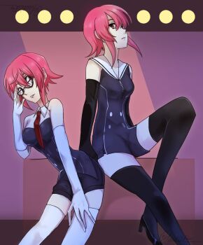 1girl bare_shoulders black_gloves black_thighhighs breasts chaos;child clothing_request commentary efunohitof4 elbow_gloves glasses gloves hekiho_academy_school_uniform looking_at_viewer necktie onoe_serika pink_eyes pink_hair red_necktie sailor_collar school_uniform science_adventure short_hair sitting symbol-only_commentary thighhighs white_gloves white_thighhighs zettai_ryouiki