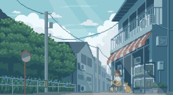 1girl acoustic_guitar air_conditioner animal animated animated_gif awning balcony blue_sky building cloud cloudy_sky day dog fish fish_tank guitar instrument light_rays looping_animation mejwh music original outdoors pixel_art playing_guitar playing_instrument power_lines scenery sitting sky sunlight traffic_mirror tree utility_pole wide_shot